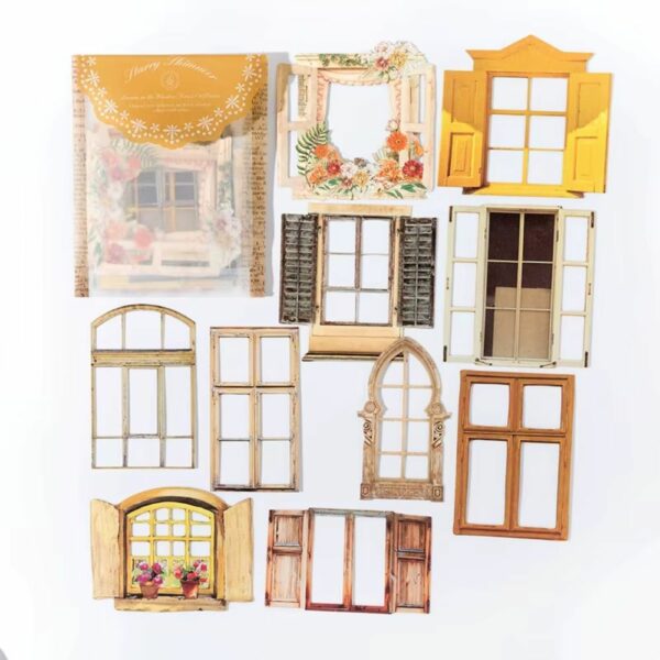10 autocollants pour scrapbooking jaunes fenêtres vintage