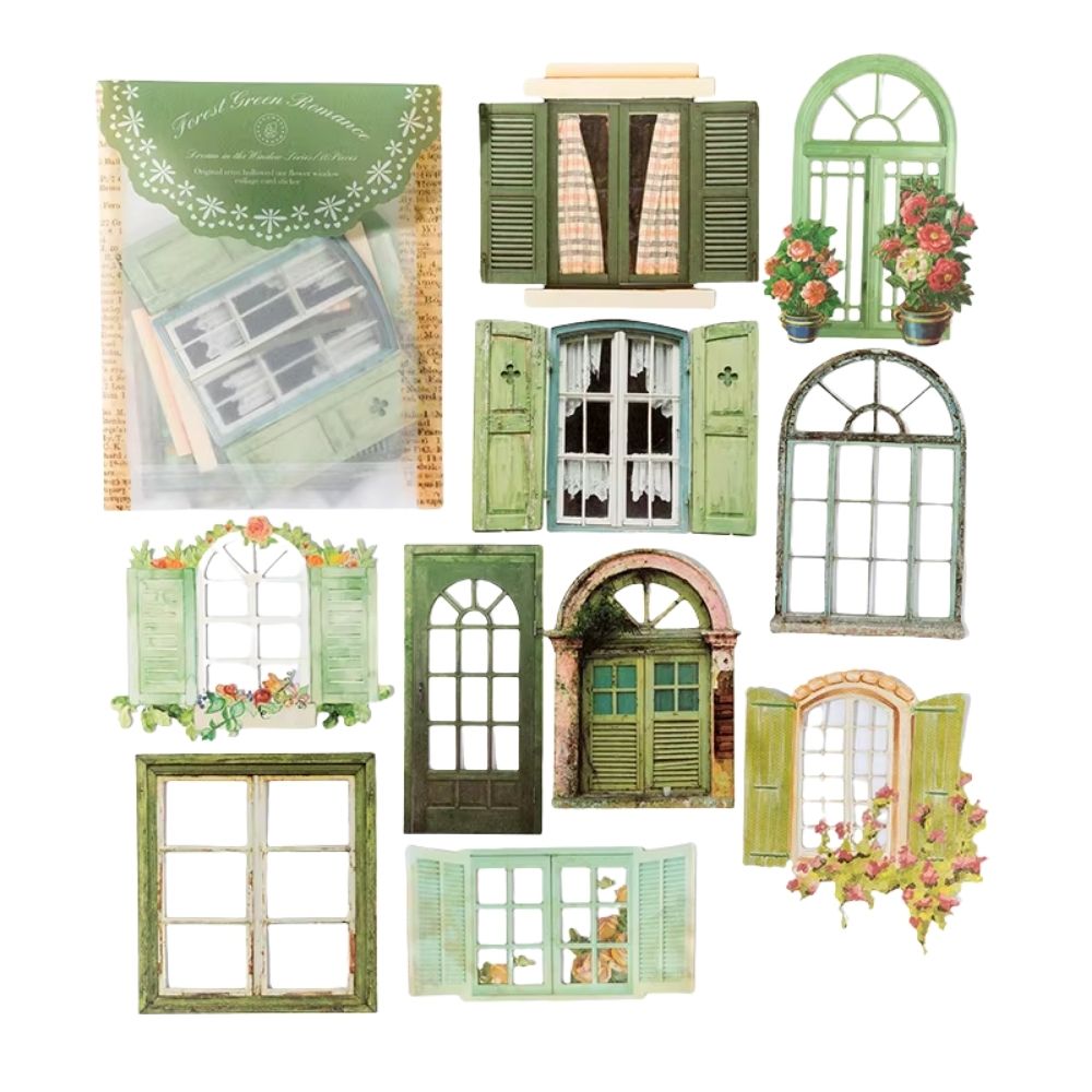 10 autocollants pour scrapbooking fenêtres vertes champêtres