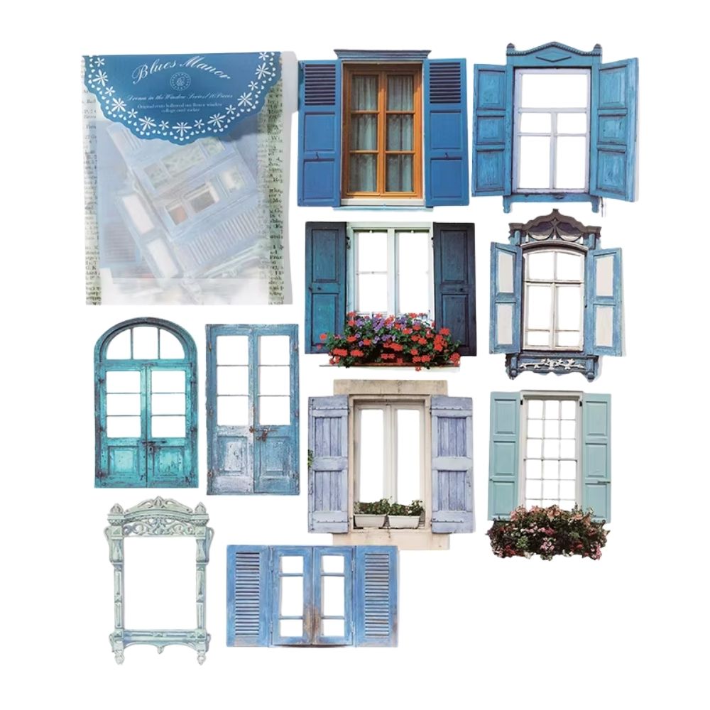 10 autocollants pour scrapbooking fenêtres bleues vintage